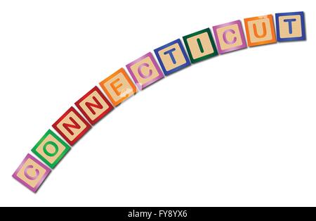 A collection of wooden block letters spelling Connecticut over a white background Stock Vector