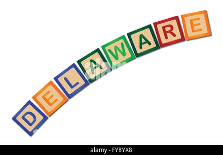 A collection of wooden block letters spelling Delaware over a white background Stock Vector