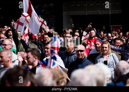 Nottingham, England UK 23 April 2016. Crowds gathered in the old Market Square. to see one of the UK's largest  St George's day parades, organised by the Royal Society of St George. St George is the patron saint of England, and the St George cross is the symbol for the country. Credit:  Mike Gibson /Alamy Live News. Stock Photo