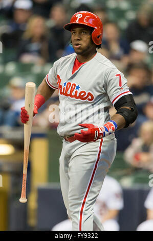 Milwaukee, WI, USA. 22nd Apr, 2016. Philadelphia Phillies third baseman Maikel Franco #7 during the Major League Baseball game between the Milwaukee Brewers and the Philadelphia Phillies at Miller Park in Milwaukee, WI. John Fisher/CSM/Alamy Live News Stock Photo