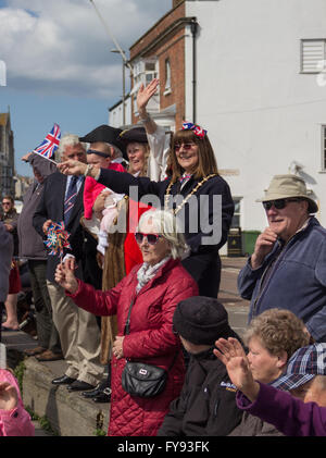 Weymouth, England. 23 April 2016. Queen's 90th Birthday Floating Tribute. Dignitaries waving. Credit:  Frances Underwood/Alamy Live News Stock Photo