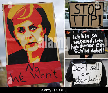 Hanover, Germany. 23rd Apr, 2016. COMBO - Banners of the demonstration against the controversial trade agreement TTIP showing Merkel's face and reading 'No We Won't' (l) and 'Stop TTIP' (r), 'I am so angry, I even have a banner with me!' and 'Don't sell our standards!' in Hanover, Germany, 23 April 2016. PHOTO: CHRISTIAN CHARISIUS/dpa/Alamy Live News Stock Photo