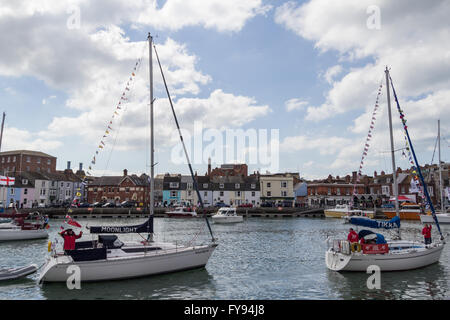 Weymouth, England. 23 April 2016. Queen's 90th Birthday Floating Tribute. Moonlight and Tikka. Credit:  Frances Underwood/Alamy Live News Stock Photo