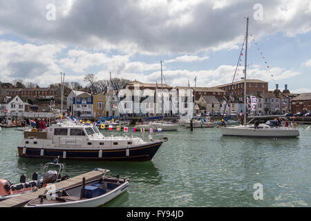 Weymouth, England. 23 April 2016. Queen's 90th Birthday Floating Tribute. Dolphin IV. Credit:  Frances Underwood/Alamy Live News Stock Photo