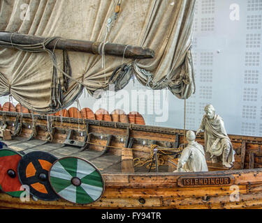 Reykjanesbaer, Southern Peninsula, Iceland. 5th Aug, 2015. The Ãslendingur (Icelander in Icelandic), a replica of an authentic 9th century Viking ship found in a Norwegian burial mound, on display in the seaside Viking World Museum in Reykjanesbaer on the Southern Peninsula in Iceland a favorite tourist destination. Tourism has become a growing sector of the economy. © Arnold Drapkin/ZUMA Wire/Alamy Live News Stock Photo