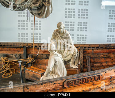 Reykjanesbaer, Southern Peninsula, Iceland. 5th Aug, 2015. The Ãslendingur (Icelander in Icelandic), a replica of an authentic 9th century Viking ship found in a Norwegian burial mound, on display in the seaside Viking World Museum in Reykjanesbaer on the Southern Peninsula in Iceland a favorite tourist destination. Tourism has become a growing sector of the economy. © Arnold Drapkin/ZUMA Wire/Alamy Live News Stock Photo