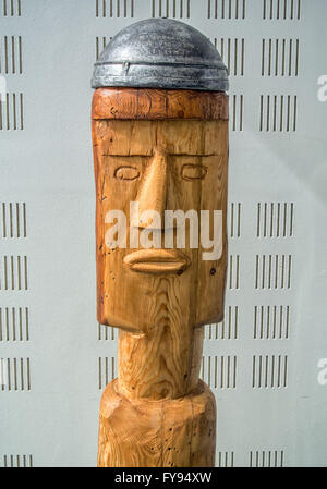 Reykjanesbaer, Southern Peninsula, Iceland. 5th Aug, 2015. A Viking wood-carving on display in the seaside Viking World Museum in Reykjanesbaer on the Southern Peninsula in Iceland, a favorite tourist destination. Tourism has become a growing sector of the economy. © Arnold Drapkin/ZUMA Wire/Alamy Live News Stock Photo