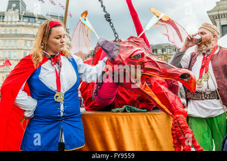 London, UK. 23rd April, 2016. St Georges day celebration at Trafalgar Square. Feast of St Georges festival. Big red interactive puppet dragon. Credit:  Elena Chaykina/Alamy Live News Stock Photo