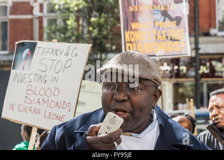 London, UK. 23rd April, 2016. People from the Kono district of Sierra Leone protest at Selfridges on Oxford St as part of a global demonstration against the financial partnership of Tiffany & Co with Octea, the largest diamond mining company in Sierra Leone. They say it defies all national and international legal norms and ethics thaat the company, wholly owned by Israeli billionaire, Benny Steinmetz and operated by former mercenaries has been allowed to operate without a licence and tax free, harming the local community who live around its diamond mines in the Kono district. © Peter Marshall/ Stock Photo