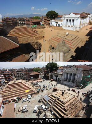 Kathmandu, Nepal. 23rd Apr, 2016. Combination picture shows damaged temples after the earthquake on May 3, 2015 (top) and the same location (bottom) at Hanumandhoka Durbar Square in Kathmandu, Nepal, April 23, 2016. © Sunil Sharma/Xinhua/Alamy Live News Stock Photo