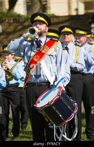 Bournemouth, Dorset, UK 24 April 2016. Big crowds turn out in the cold weather to support the St George's Day scouts parade.  Bournemouth Youth Marching Band celebrate Saint Georges day taking part in the procession. Credit:  Carolyn Jenkins/Alamy Live News Stock Photo