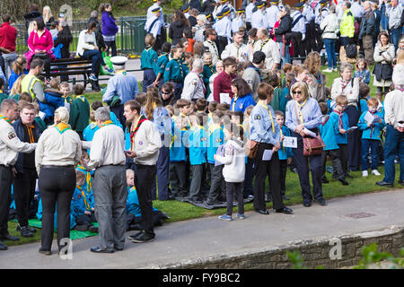 Bournemouth, Dorset, UK 24 April 2016. Big crowds turn out in the cold weather to support the St George's Day scouts parade. Youngsters boys and girls scouts cubs beavers celebrate Saint Georges day taking part in the procession. Credit:  Carolyn Jenkins/Alamy Live News Stock Photo