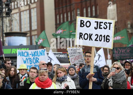 Gdansk, Poland 24th, April 2016 People protest against governmental plans on tightening of anti-abortion law in Gdansk. PolandÕs ruling Law and Justice party leaders in recent days endorsed a total abortion ban pushed by the Catholic Church hierarchy. A demonstrator holds a banner that says : Because is 2016 Credit:  Michal Fludra/Alamy Live News Stock Photo