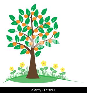 Summer tree with orange fruits. Concept summer tree. Stylized summer tree and flowers. Isolated on white background. EPS8 vector Stock Vector