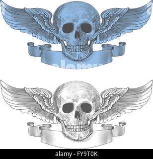 Skull with wings and ribbon in vintage engraving style Stock Vector