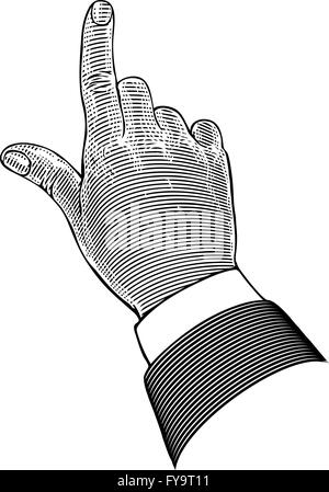 Hand with pointing finger in engraving style Stock Vector