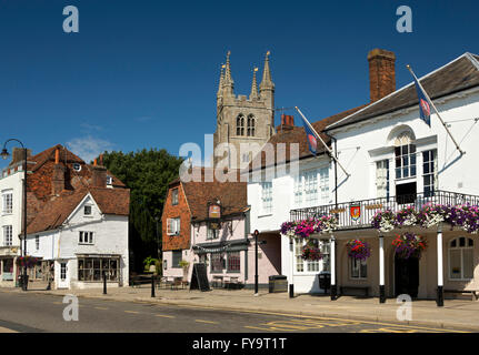 UK, Kent, Tenterden, High Street, old Town Hall and Woolpack inn below St Mildred’s church tower Stock Photo
