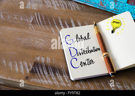 Conceptual Business Acronym GDC Global Distribution Center. Retro effect and toned image of a fountain pen on a notebook Stock Photo