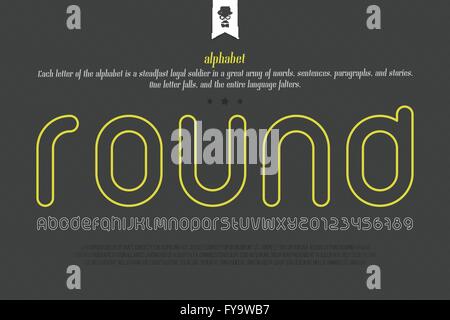 set of round style alphabet letters and numbers over paper texture. vector font type design. modern, thin outline lettering icon Stock Vector