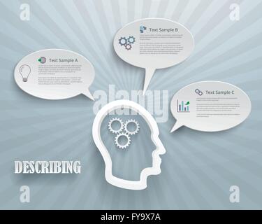 Abstract infographic representation of describing options. Heads with gears and speech bubbles on a blue background. Stock Vector