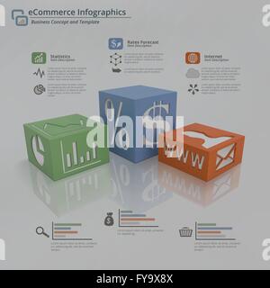 3D Infographic concept background of three cubes on a white floor with symbols on face and sides. Stock Vector