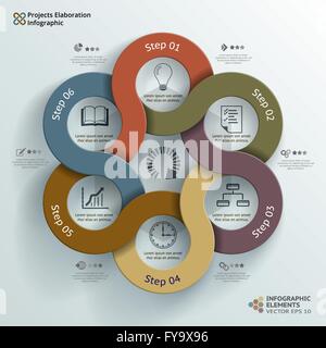 Project elaboration made with six abstract circles . Infographic Concept Presentation. Stock Vector
