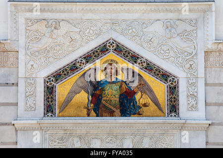 Mosaic on the facade, Serbian Orthodox church Saint Spyridon Church, Piazza Sant Antonio, Trieste, Friuli-Venezia Giulia, Italy Stock Photo