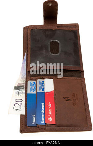 Starhide press stud distressed leather mens brown Wallet £20 note and three credit cards Stock Photo