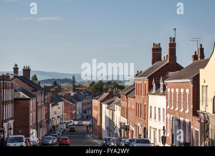 Ludlow, Shropshire, UK. A view down Corve Street towards the surrounding hills and countryside of South Shropshire Stock Photo