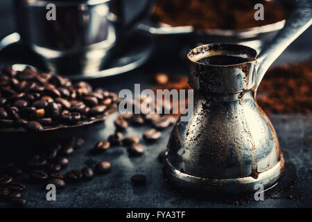 Coffee. Turkish coffee. Armenian Turkish coffee. Cezve and cup of coffee. Traditional serving coffee. Stock Photo