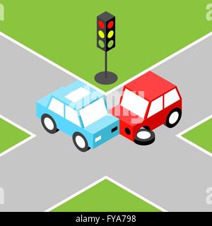Car accident isometric.Vector illustration. EPS 10. No transparency. No gradients. Stock Vector