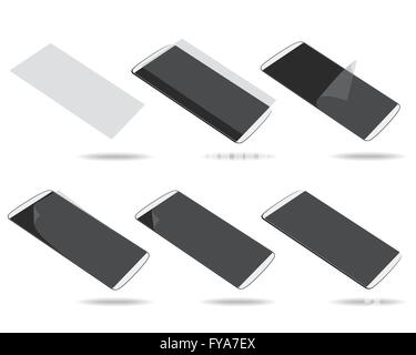White smartphones screen protector set different foreshortening. Vector illustration. EPS 10. No gradients. Raw materials are ea Stock Vector