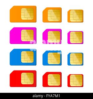 Mini, micro, nano sim card in red, blue, pink, orange color. Vector illustration. EPS 10. Stock Vector