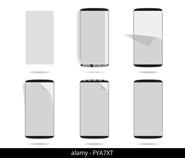 Black smartphones display with protector glass set different stages. Vector illustration. EPS 10.  No gradients. Raw materials a Stock Vector
