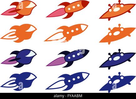 Cartoon vector spaceships, rockets and ufos icon set design. Graphic resources to improve your artwork with high-quality icons Stock Vector