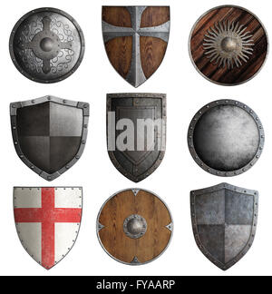 various knight shields set isolated 3d illustration Stock Photo