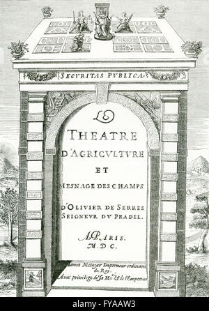 This frontispiece was for the Theater of Agriculture (French: Theatre d'Agriculture) by Olivier de Serres in 1600. It was dedicated to the king (Henry IV), a statue of whom can be seen at the top, seated on a throne between the goddesses of Justice and Peace. Stock Photo