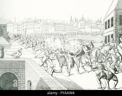 This scene shows the attempt against Henry IV on the Pont-Neuf. This deed is recorded in the memories of l'Estoile (1605). The author of this piece, a man by the name of Jacques de Iles, did not succeed in taking the king by his mantle; but, grasped the knife of a carrier he declared that he wished to kill the king. Despite that, by the express order of the king who wished to see in him a madman, he was not put on trial. Stock Photo