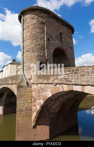 Monnow Bridge Monmouth Wales uk medieval historic river bridge and tourist attraction in the Wye valley Stock Photo