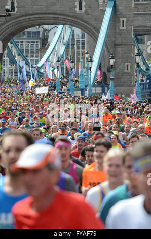 The 2016 Virgin Money London Marathon. Masses crossing Tower Bridge Stock Photo