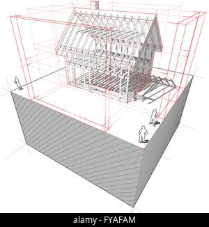 diagram of a framework construction of a detached house with 3D dimensions Stock Vector