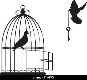 vector illustration of a bird cage open with doves flying with a key Stock Vector