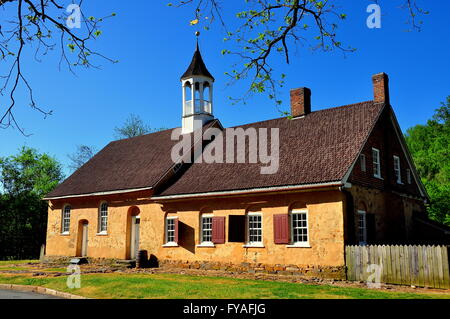 Bethabara, North Carolina:  1788 Gemeinhaus Moravian Church with attached minister's house at Bethabara historic settlement * Stock Photo