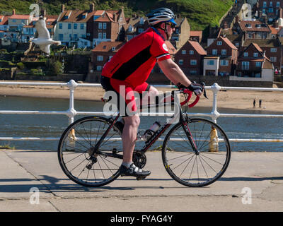 A middle aged man riding a sports bicycle on Whitby West Pier Stock Photo