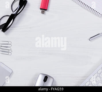 Work Objects Background Office desktop with various black objects on background Stock Photo - Alamy