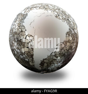 South America on metallic model of planet Earth. Shiny steel continents ...