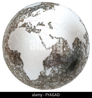 Africa on metallic model of planet Earth. Shiny steel continents with embossed countries and oceans made of steel plates. 3D ill Stock Photo