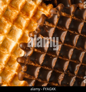 Round Belgian Waffles with Chocolate Icing Extreme Close-up Stock Photo