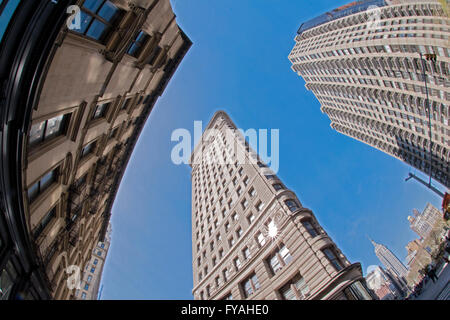 A fisheye view of the Flatiron Building from 22nd Street and Broadway in lower Manhattan, New York City Stock Photo