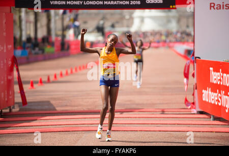 2016 Virgin Money London Marathon, elite womens race winner Jemima Sumgong (KEN) finishes in 02:22:58. Stock Photo